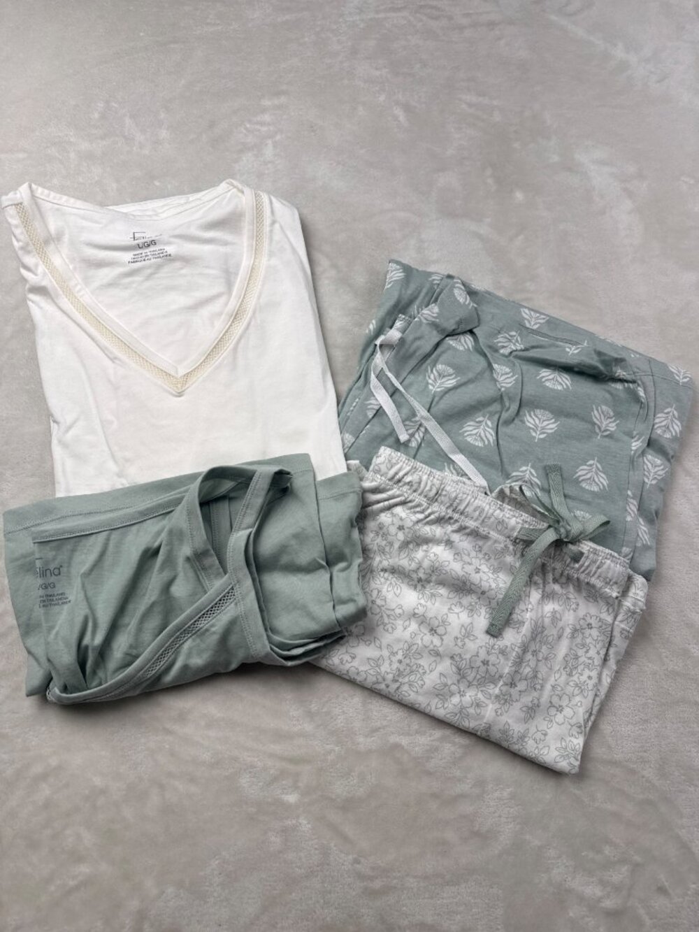 Felina Womens Cotton Pajama Set L/G Leaf & Floral Print White & Sage Green